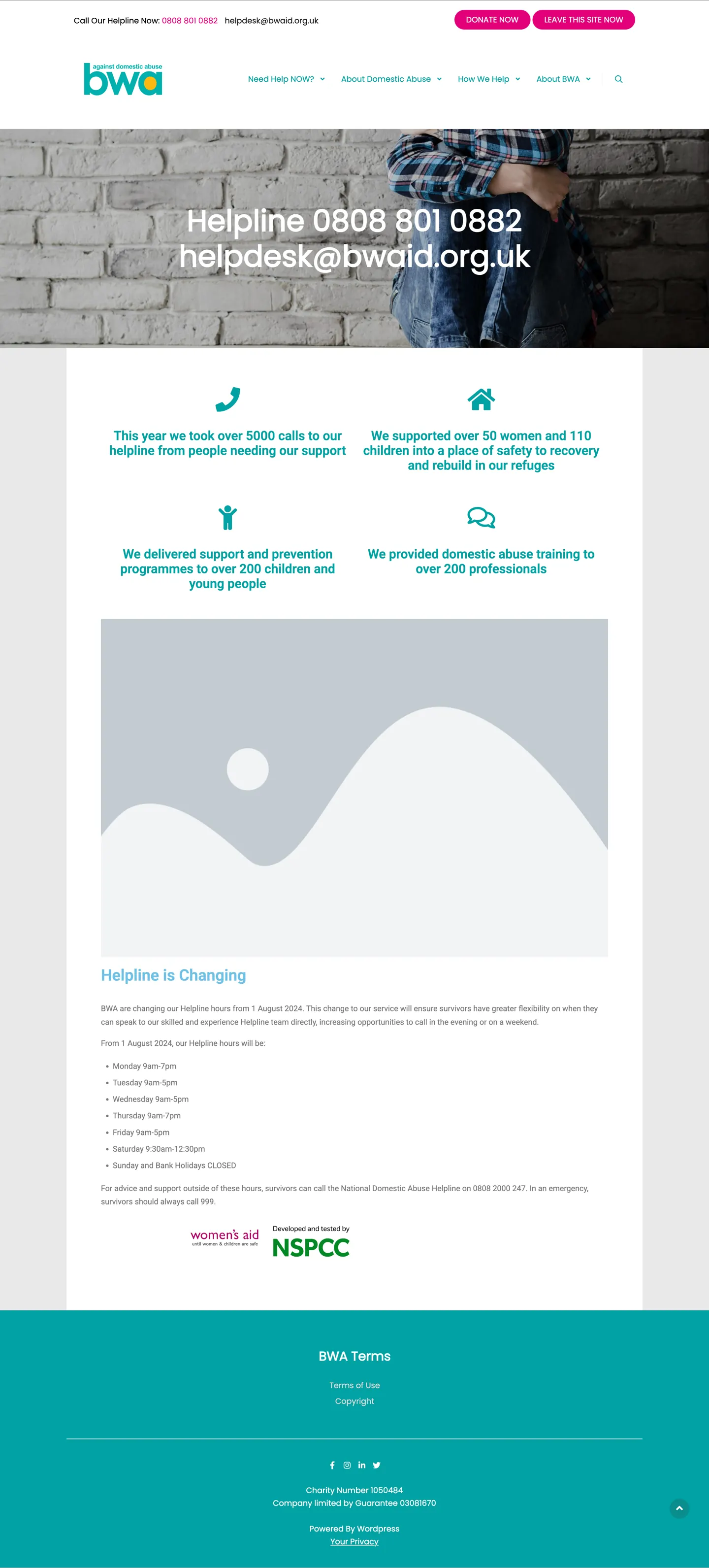 Old BWA website: broken hero image placeholder, teal footer, small impact stats, outdated 2024 content