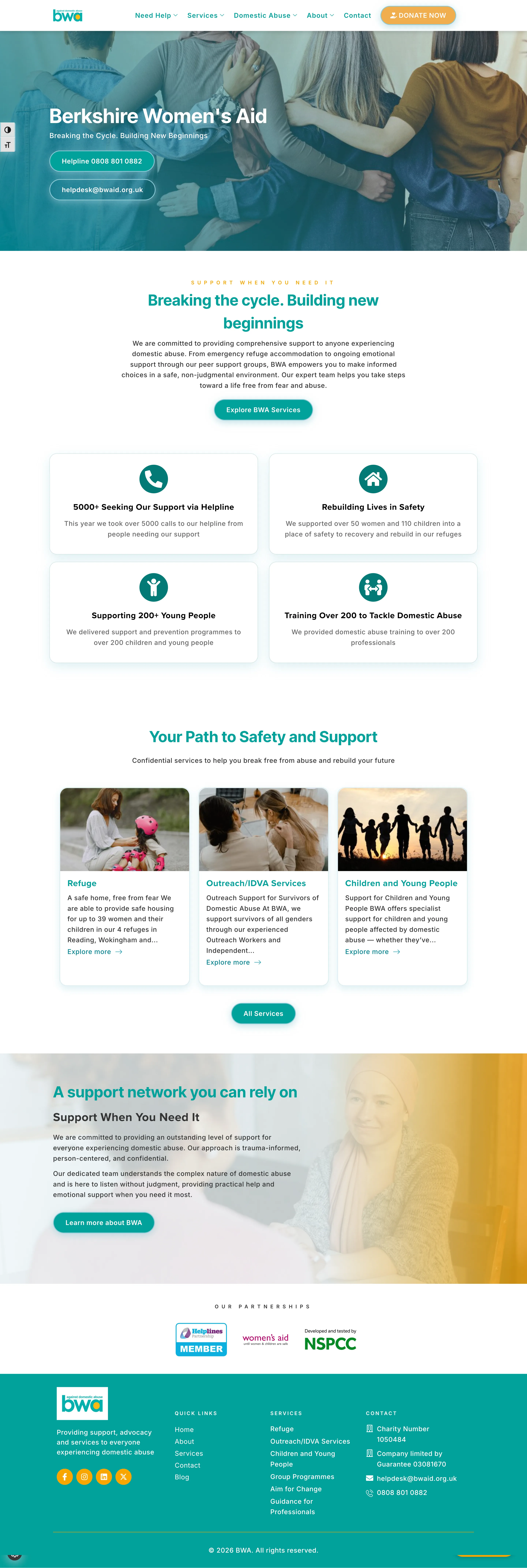 New BWA website: clean design with prominent helpline, clear impact stats and navigation