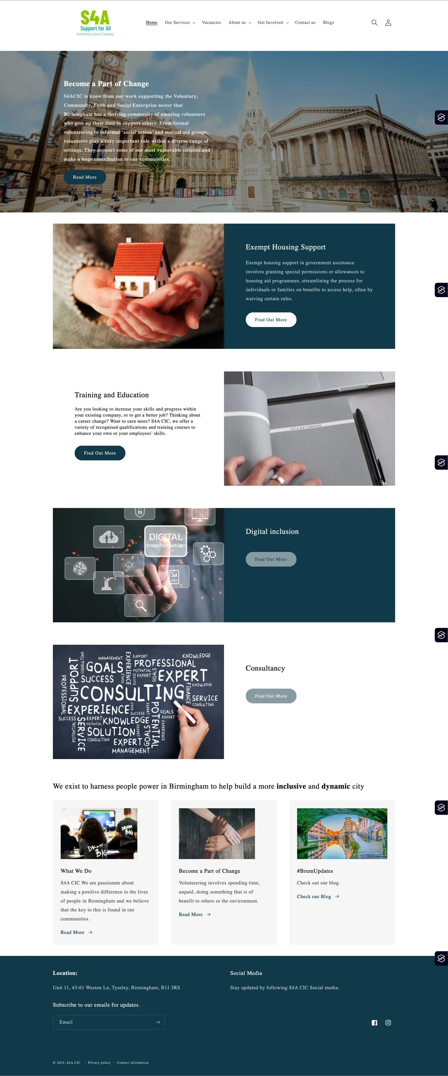 Old S4A CIC website: generic stock photography, poor contrast hero text, no impact numbers visible